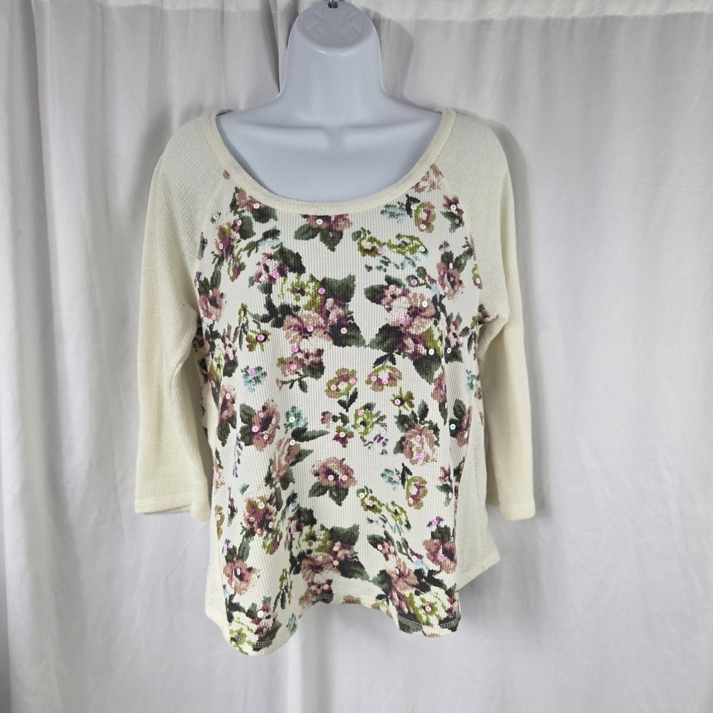 American Rag Cie Shirt Womens Large Cream Floral Sequin Thermal 3/4 Sleeve Top